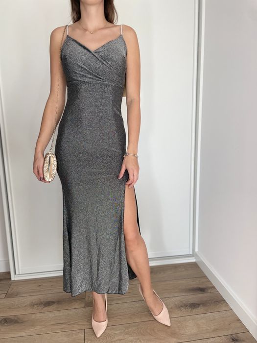 Sukienka MIDI brokatowa srebrna