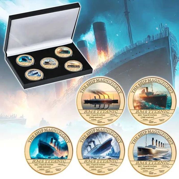 Zestaw 5 kolekcjonerskich monet medali z pudełkiem Titanic