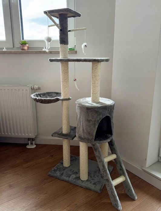 Drapak dla kota szary z drabinką budka wieża słupek zabawka NOWY