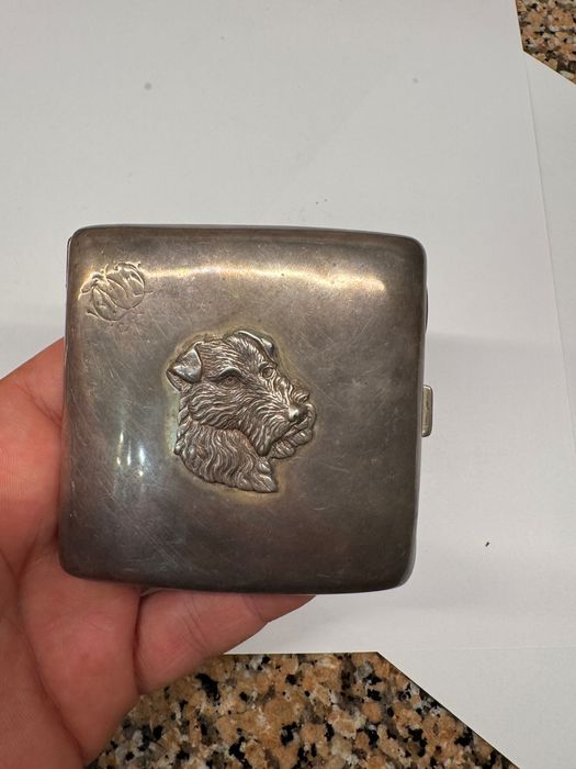 Antiga Cigarreira  Prata Sólida (73g) - Decoração Cão Terrier