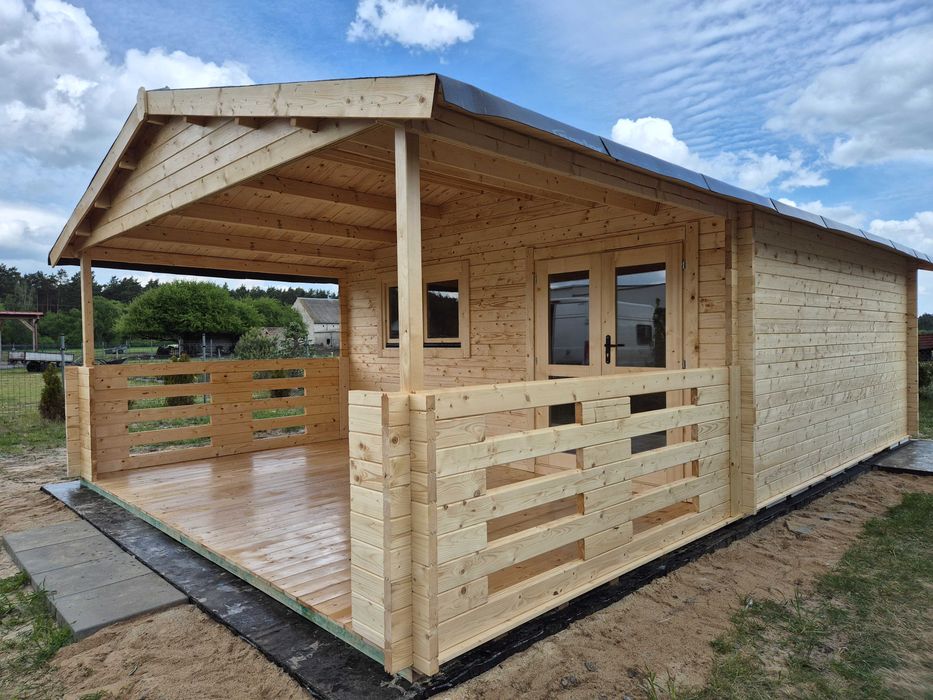 piękny MASYWNY domek drewniany + TARAS* 8m x 5m*40 m2*SCIANY aż 45 mm