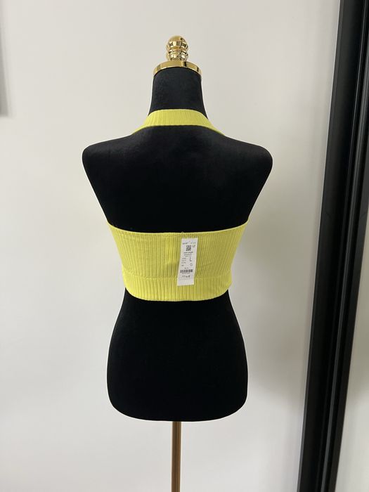Żółta, krótka bluzka, crop top, biustonosz, stanik, prążki, Etam, L