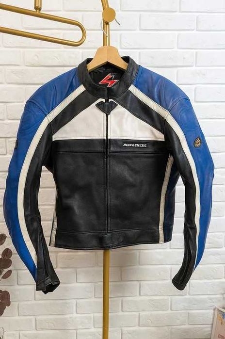 Niebieska kolorowa skórzana kurtka motocyklowa zapinana Hein Gericke L