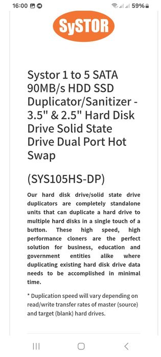 Станция дубликатор жестких дисков SySTOR(USA)