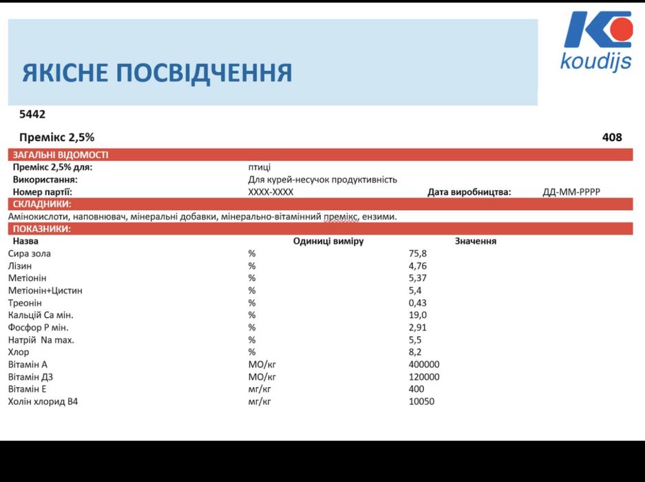 Премікс 2,5% для курей несучок у період яйцекладки