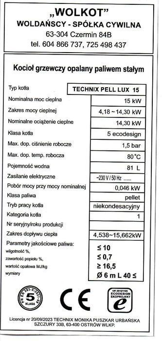 Kocioł piec 15kW pellet 5klasa WOLKOT dotacja kotły Technix