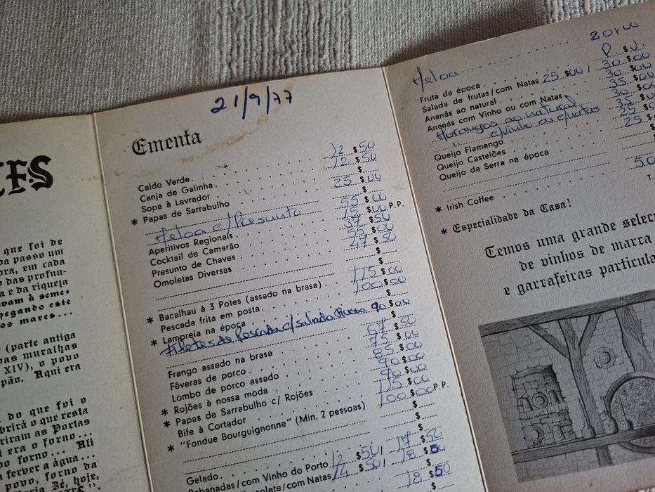 Restaurante Os 3 Potes Viana do Castelo antigo folheto menu de 1977