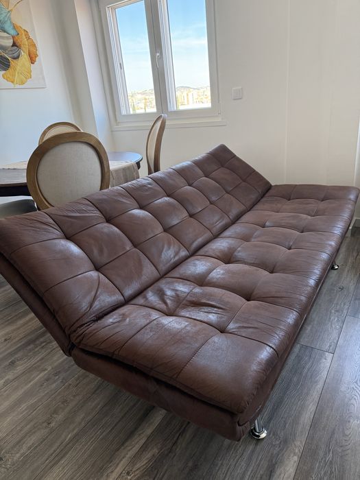 Sofá-Cama de 3 Lugares em Pele Sintética Castanha (Estilo Vintage)