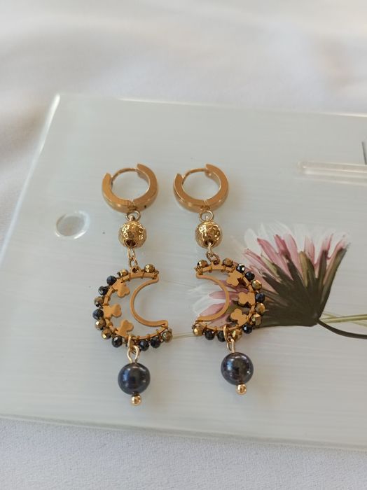 Kolczyki Czarna Perła Turmalin Hematyt Stal chirurgiczna