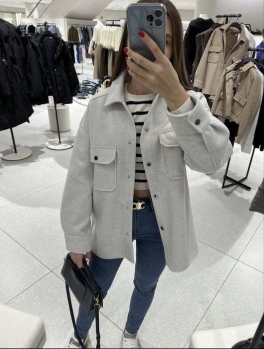 Фетрова жіноча сорочка куртка тепла Zara біла, сіра XS