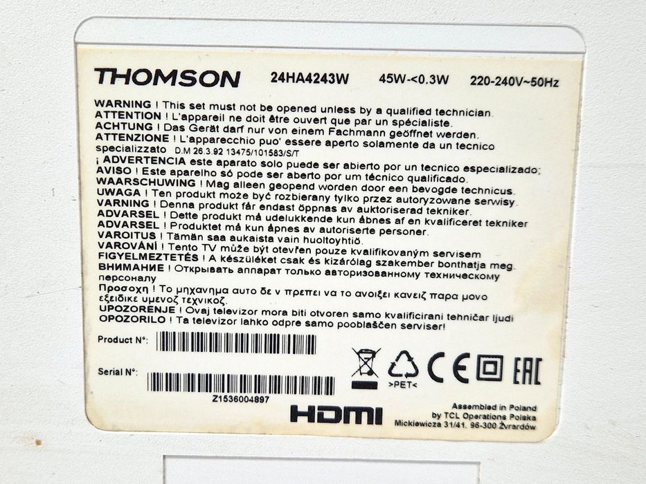 Telewizor Thomson 24HA4243W Biały/Bez pilota/Wys!