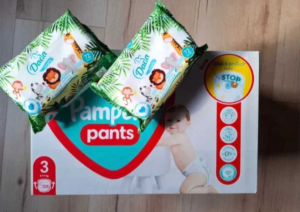 Pieluchomajtki Pampers Pants 3 128szt + husteczki nawilżone