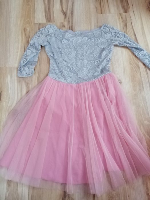 Szaro różowa sukienka tiul koronka Urszula Szyk M/L