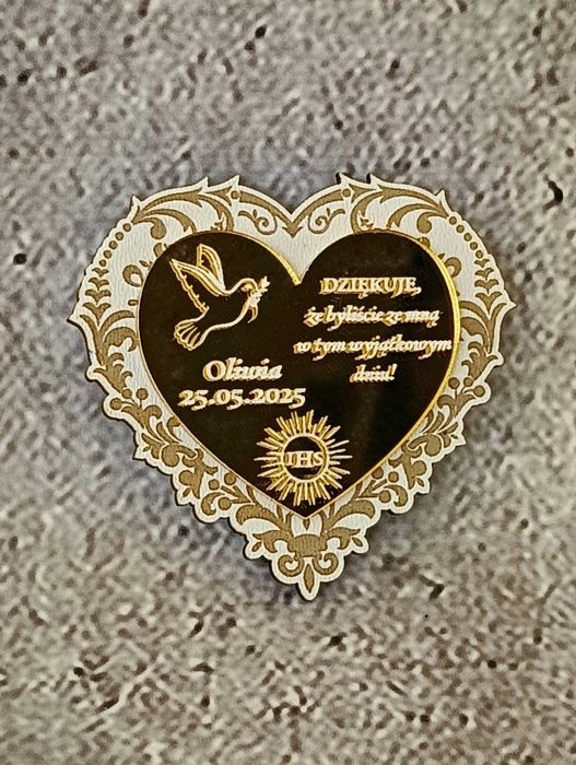 Podziękowanie dla gości Pierwsza Komunia serce ażur plexi magnes