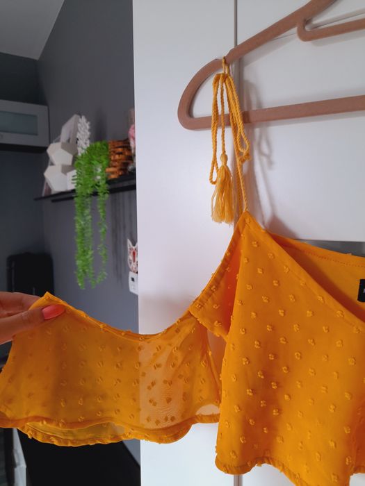 Crop Top croptop prążki kropki groszki sznurowany musztardowa bluzka