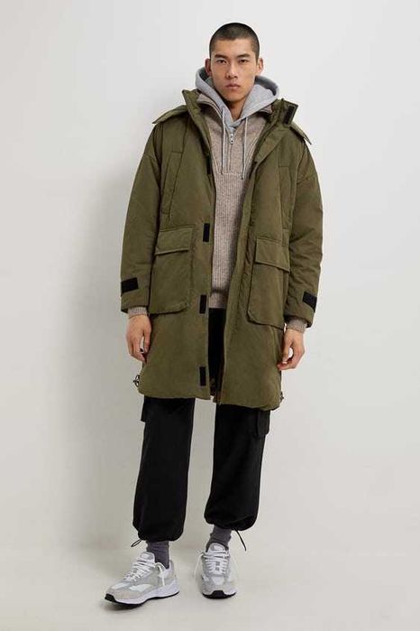 ZARA Luksusowa ciepła KURTKA z kapturem XL khaki