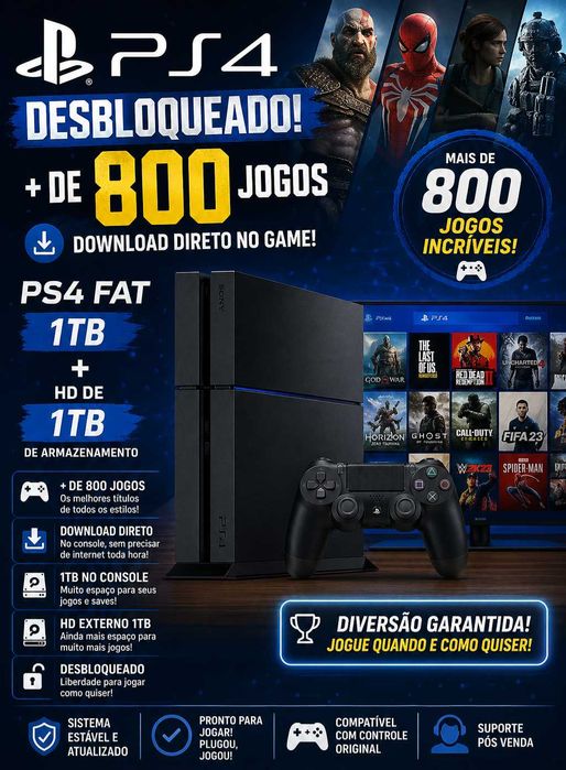 PS4 Fat Desbloqueado 1TB +800 Jogos - Pronto para Jogar!