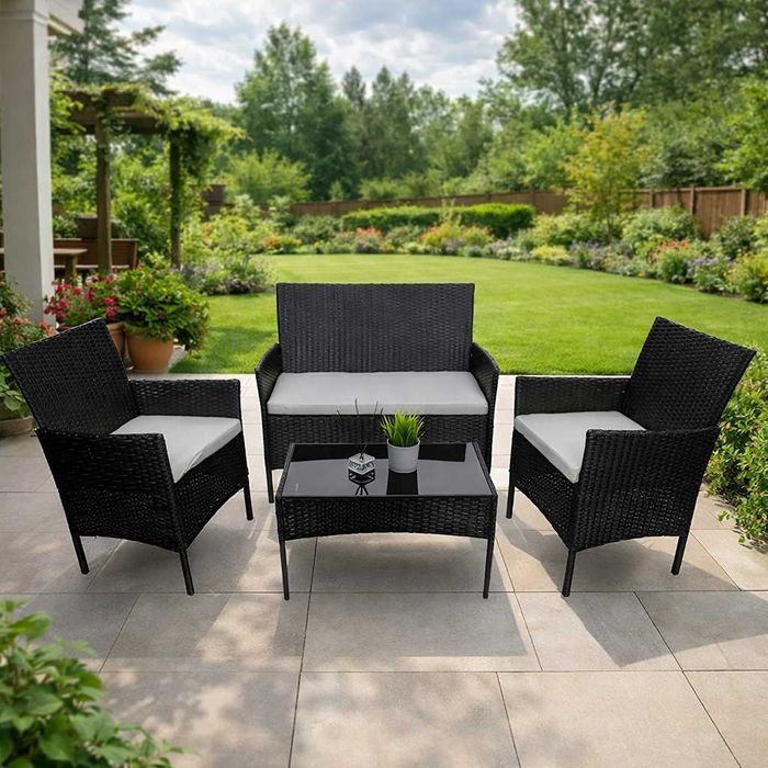 NOWE MEBLE OGRODOWE Rattanowe Balkonowe Tarasowe Zestaw Mebli Ogrodowych Sofa Ze Stołem Czarny Technorattan Komplet Do Ogrodu Na Taras OKAZJA