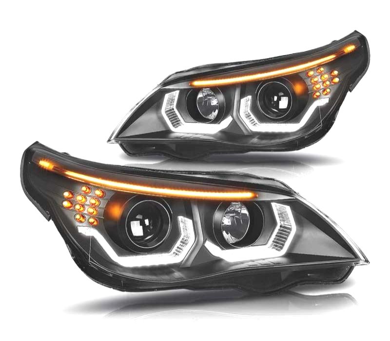 FARÓIS BMW E60 E61 03-07 ANGEL EYES LED U HALO FUNDO PRETO
