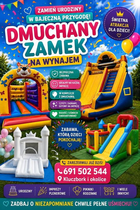 Dmuchańce, skakńce, zamki dmuchane, zjeżdżalnia, wypożyczenie. Promocja!!!