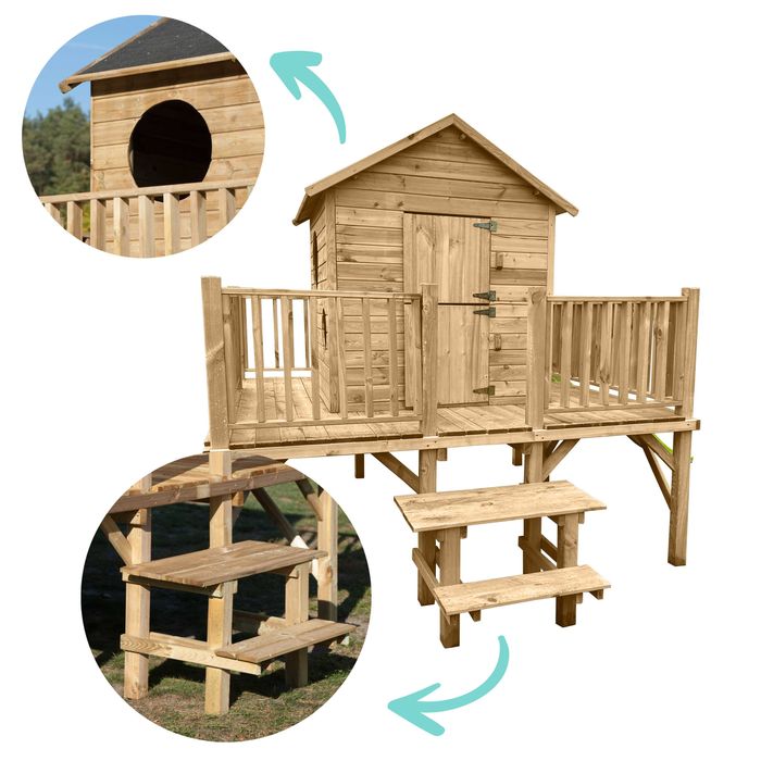 NOWY Drewniany domek dla dzieci ogrodowy IMPREGNOWANY 225x175x315 cm na platformie