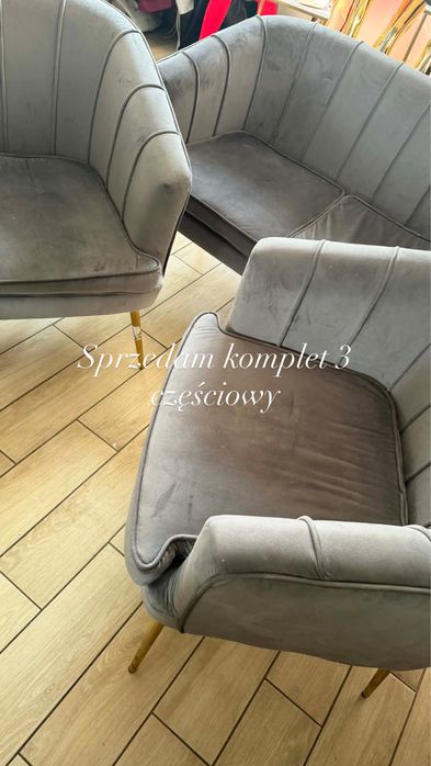 Kanapa plus fotele szary styl glamur zloto