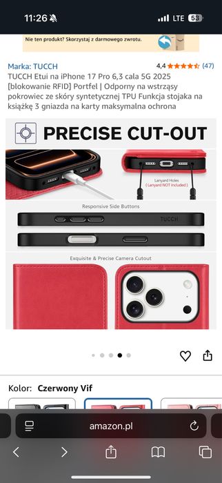 TUCCH Etui / Case do iPhone 17 Pro, kolor czerwony