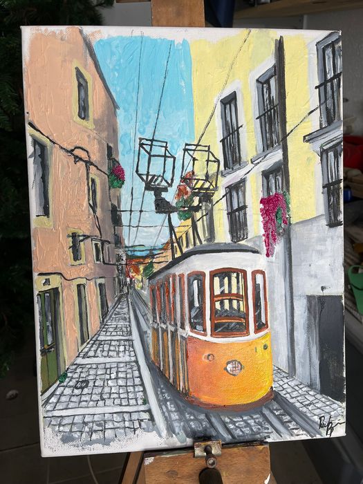 Pintura a óleo de uma rua de Lisboa, obra de arte original