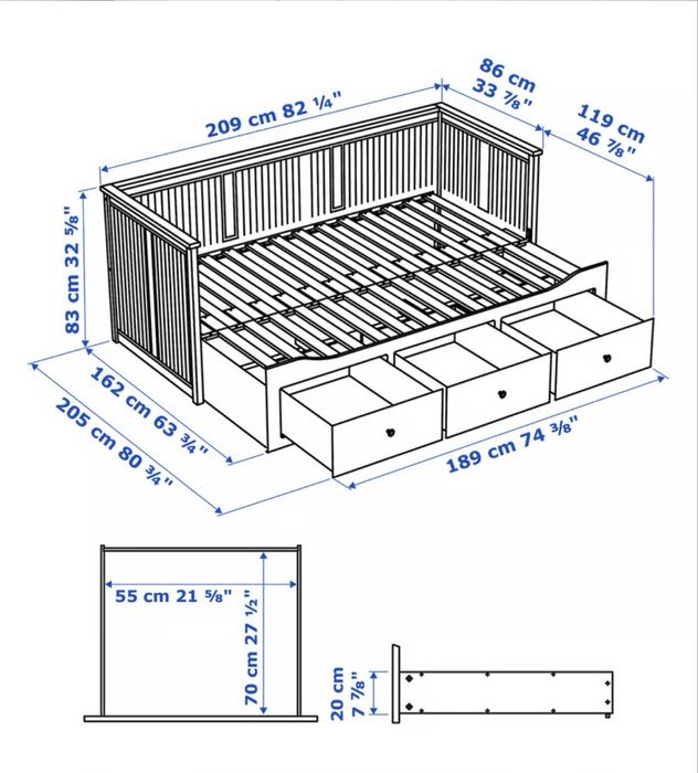 HEMNES IKEA Cama indiv/dupla c/3 gav, branco, 80x200 cm