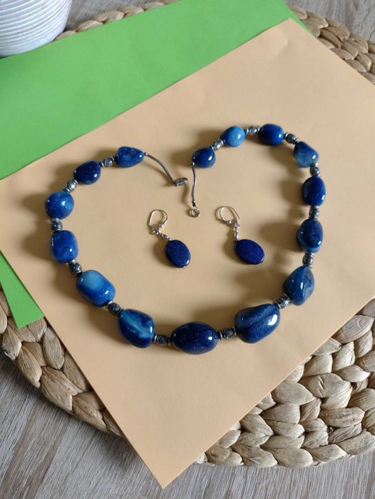 Komplet granat korale agat + kolczyki lapis lazuli
