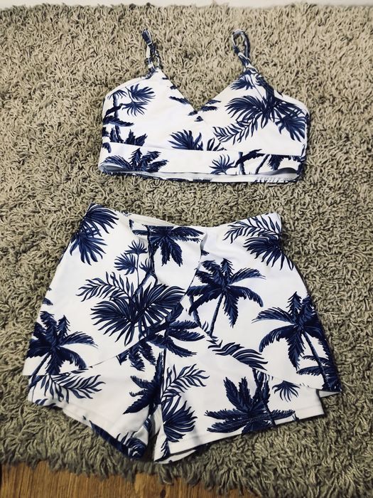 Bikini Piękny strój kapielowy biało granatowy w palmy S/M