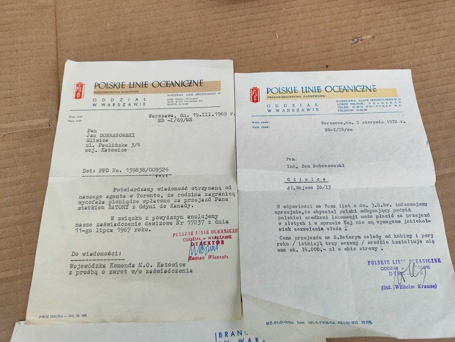 3 dokumenty Polskie Linie Oceaniczne, statek Batory 1967,1969 i 1972r