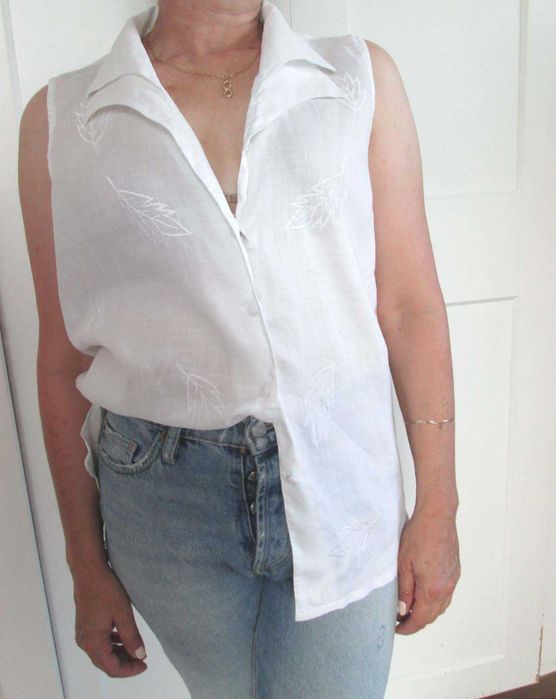 Biała lniana bluzka 100% len haft vintage L XL 40 42