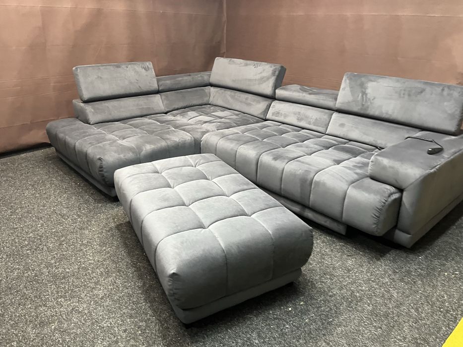 Кутовий мякий диван Німечинна велюр темно синій розкладний з пуфом