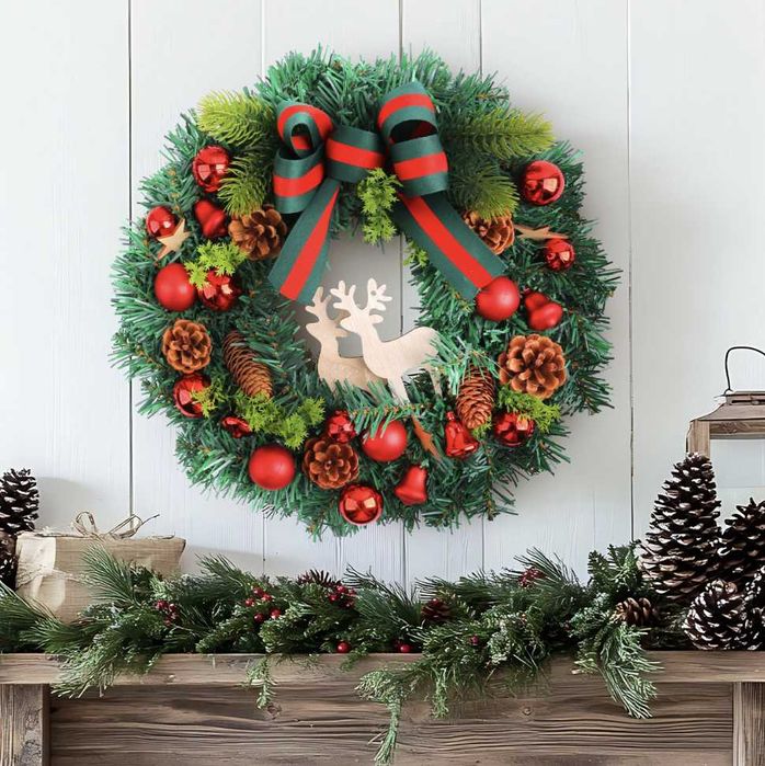 Świąteczny stroik 35CM  – dekoracja z reniferami, naturalne ozdoby