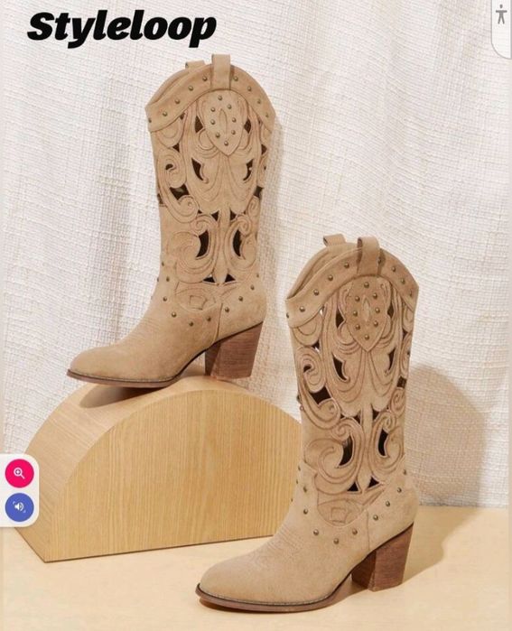 Styleloop Botas ocidentais Decoração cravejada Salto Grosso
