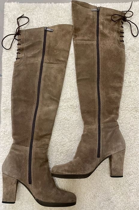 Сапоги ботфорды, замшевые, бежевые