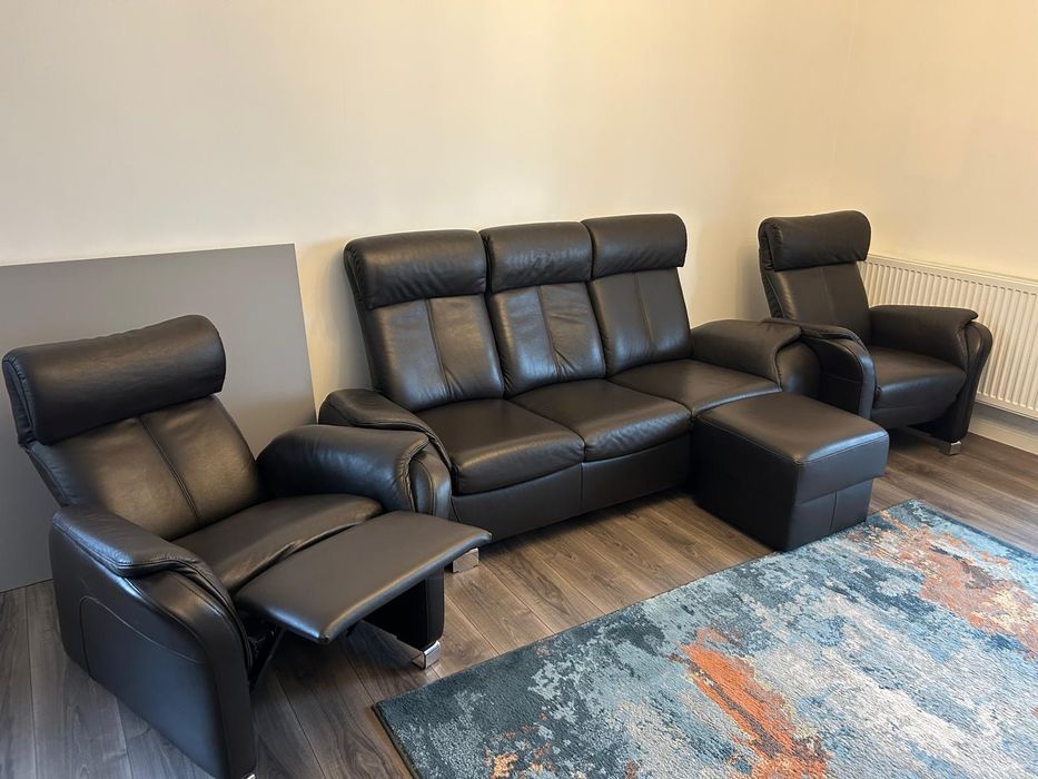 Komplet Skórzany Kler sofa + 2 fotele rozkładane + pufa