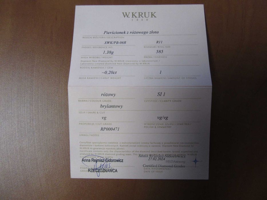 W. Kruk - pierścionek zaręczynowy-różowe złoto + brylant (rozmiar 11)