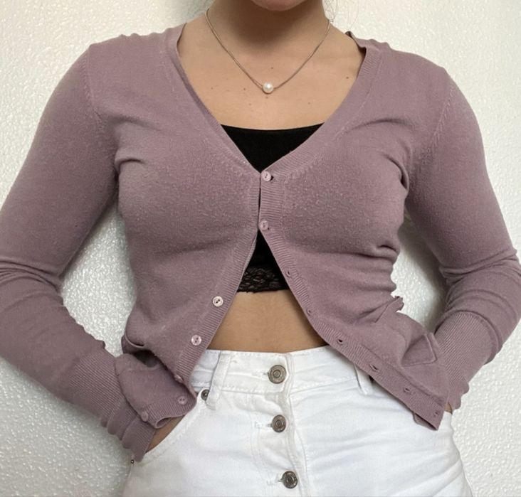 Cardigan malha fina lilás/mauve com botões S