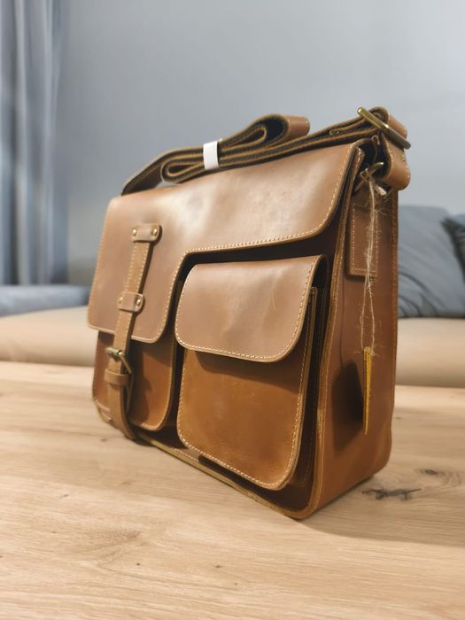 Torba skórzana listonoszka brązowa skóra bydlęca nowa z paskiem