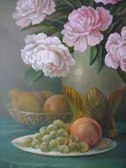 Картина маслом "Пионы и фрукты"