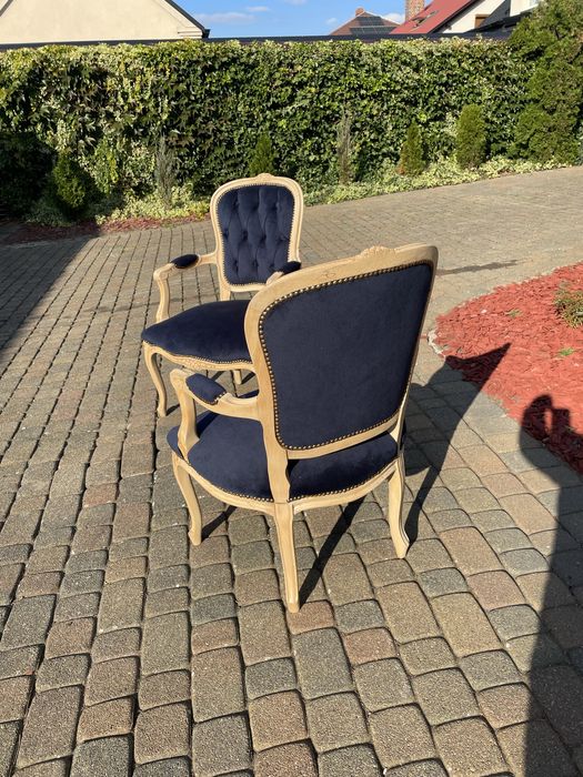 Fotel ludwikowski dąb drewno granat zieleń ława Ludwik XV renowacja