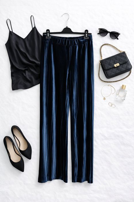 Granatowe aksamitne spodnie wide leg XL 42