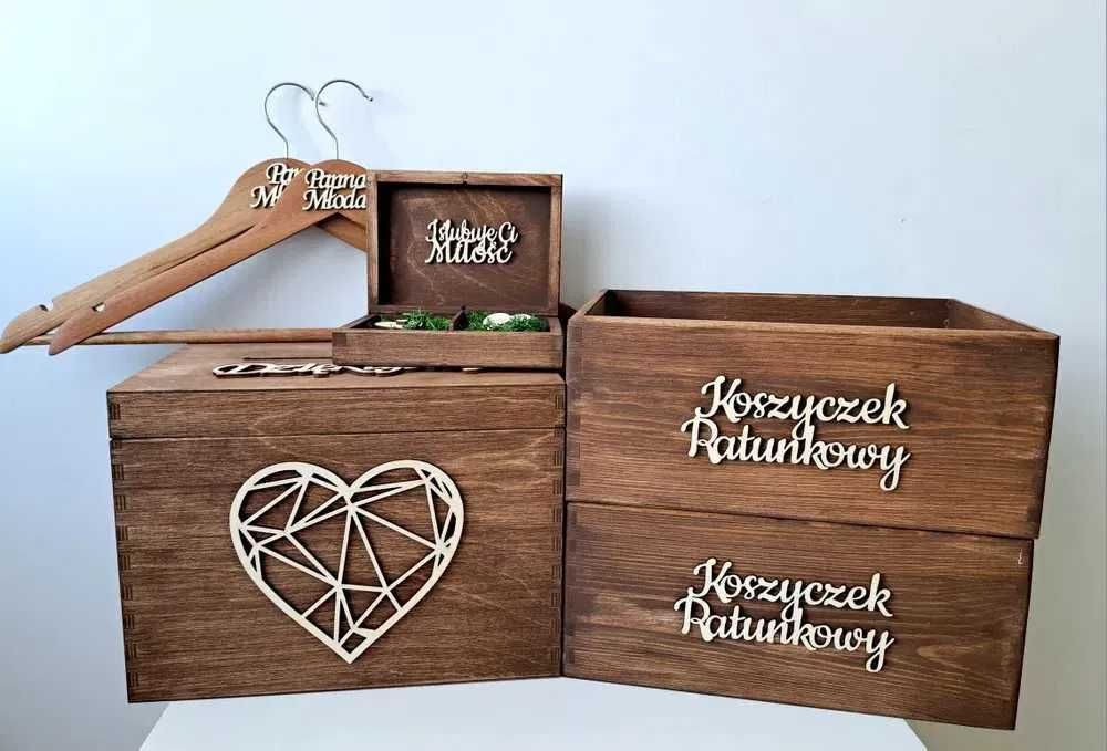 Rustykalne pudełko na koperty obrączki wieszaki koszyczki ratunkowe