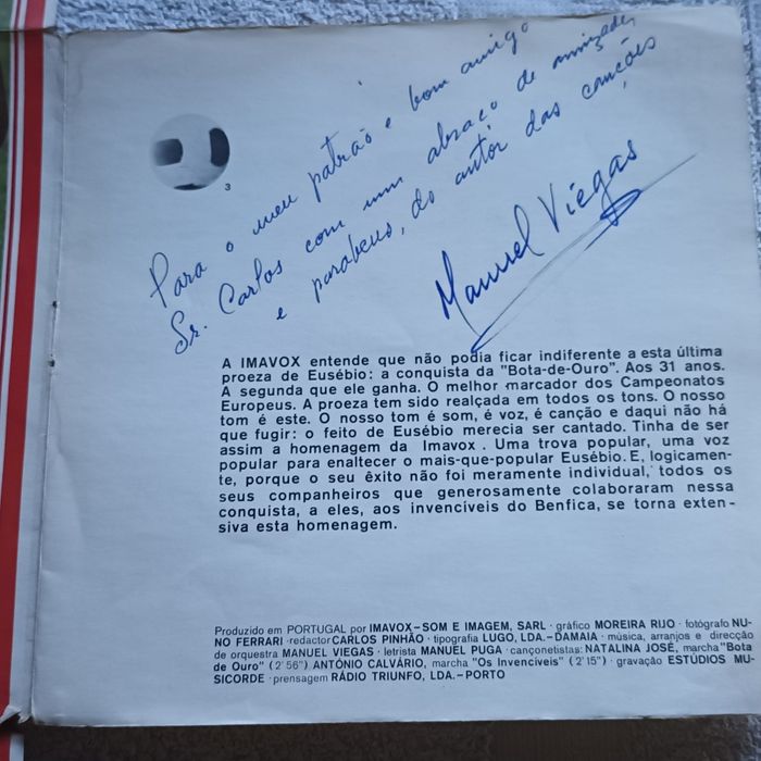 Ler texto disco Eusébio bota de ouro com poster e uma Dedicatória
