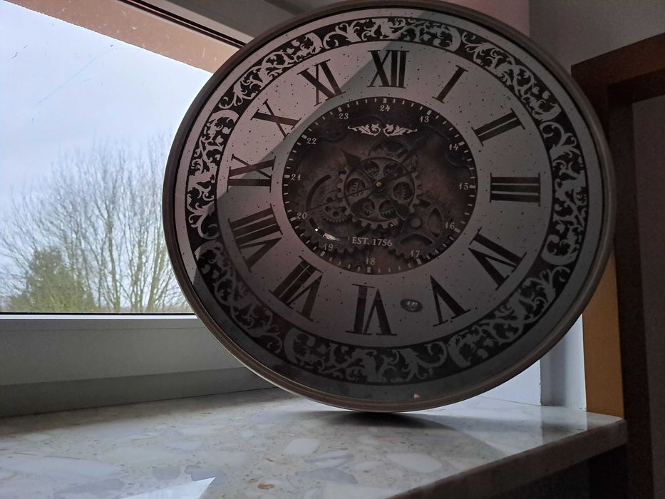 Zegar na ścianę w kolorze starego srebra, duży Ø60cm styl industrialny