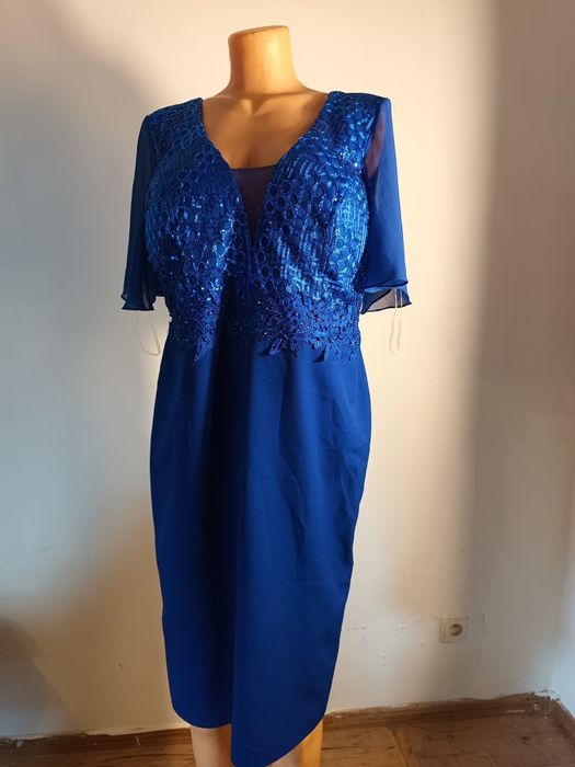Elegancka sukienka kobaltowa koronkowa IZABELLA | Rozmiar 52 | Wesele/