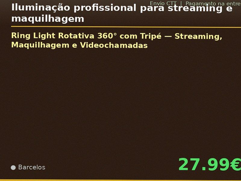 Ring Light Rotativa 360° com Tripé — Streaming, Maquilhagem e Videochamadas
