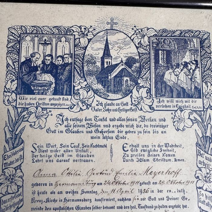 Zabytkowe świadectwo konfirmacji 1926 r. – Hermannsburg, piękna grafika